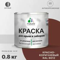 Краска Malare для металлического забора, для крыши из металла, для металлочерепицы, антикоррозионная, матовый, красно-коричневый, 0,8 кг