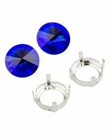 Swarovski Rivoli ss 47 (10,5 мм), круглые, цвет Majestic Blue (#296), 2 шт. + оправа с цапами и отверстиями для пришивания, 2 шт