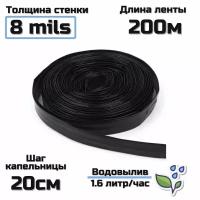 Лента капельного полива, стенка(8mils) шаг эмиттеров 20 см, водовылив 1.6 л/ч, длина 200м