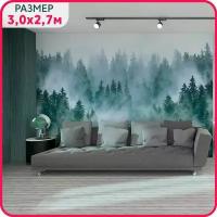 Фотообои на стену флизелиновые MOBIDECOR "Туманный лес" с рисунком лес в тумане в гостиную, спальню и кухню 300x270 см