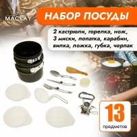 Набор посуды туристический: 2 кастрюли, приборы, горелка, 3 миски, лопатка, карабин