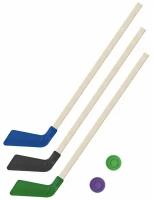 Набор Задира-плюс 3 клюшки хоккейных 80 см и 2 шайбы, КЛ2-Ш2-КЛ-Ш синий/черный/зеленый