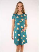 Ночная сорочка (домашнее платье) для беременных и кормящих Корги на зеленом, размер 48
