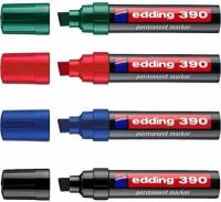 Маркер перманентный EDDING 390 PERMANENT, широкий штрих - 12 мм, 4 цвета (СИН,черн,красн,ЗЕЛ)