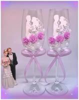 Свадебные бокалы с розочками в нежно-сиреневом цвете 23 см/фужеры для шампанского/ бокалы свадебные/свадьба