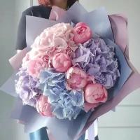 Букет Гортензия ассорти, пионы розовые, красивый букет цветов, пионов, шикарный, цветы премиум