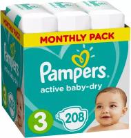 Подгузники Pampers Active Baby-Dry 6–10 кг, размер 3, 208шт