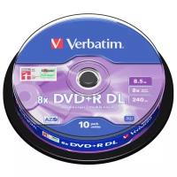 Носители информации DVD+R Double Layer, 8x, 8.5Gb, Verbatim, Cake/10, 43666