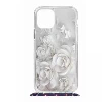 Чехол для Apple iPhone 12,12 Pro Kruche Print MagSafe Magrope White roses, пластиковая накладка со шнурком и рисунком, противоударный силиконовый бампер