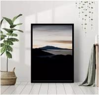 Постер В рамке "Закат, горы, туман" 40 на 50 в черной раме / Картина для интерьера / Плакат / Постер на стену / Интерьерные картины в рамке