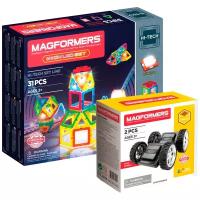 Конструктор MAGFORMERS Hi-Tech + Single 709007+713009 Neon LED Set + Клик-колёса, 33 дет