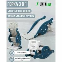 Горка-трансформер UNIX Kids Blue, со спуском 95 см, из пластика, горка, качалка-балансир, баскетбольная стойка, 100х42х45 см, синий