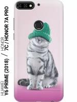 GOSSO Ультратонкий силиконовый чехол-накладка для Huawei Y6 Prime (2018), Honor 7C, Honor 7A Pro с принтом "Кот в зеленой шапке"