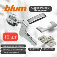 Петля мебельная BLUM 71B3750 CLIP TOP BLUMOTION, вкладная, со встроенным доводчиком, с накладками и ответной планкой с эксцентриком 173H7100 под саморез. Комплект из 10 шт для кухонного фасада, шкафа