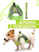 Шлейка для собак и кошек Boomshakalaka,со светоотражающими элементами,с поводком 120 см,размер L(обхват 48-54 см),вес до 12 кг,цвет желто-зеленый