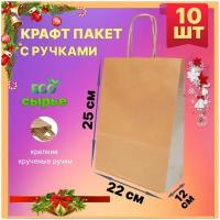 Крафт пакет с ручками бумажный 22х12х25 см 10 шт подарочный / из крафтовой бумаги