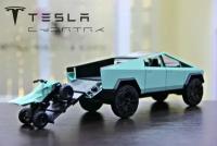 Металлическая коллекционная модель Tesla Cybertruck Pickup с квадроциклом свет звук 23 см. 1:24 Цвет: Зеленый / Тесла мобиль