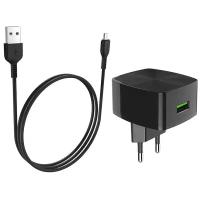 Сетевое зарядное устройство HOCO C70A 1xUSB с Кабелем USB - Micro, 3A, 18W, черный