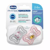 Chicco пустышка Physio Light,2шт.,2-6мес.,силикон, Pink, рис. пчелка, нейтральный