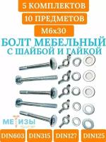 Винт мебельный DIN603 6х30 в комплекте с гайкой барашковой DIN315, шайбой DIN125 и гровером DIN127 (Цинк)