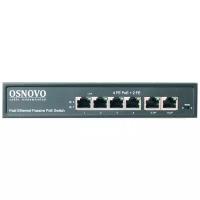 Коммутатор OSNOVO SW-20600/A(80W) на 6 портов: 4*FE (10/100 Base-T, 52V 4,5(+) 7,8(–)) совместимы с PoE (IEEE 802.3af/at), 2 x FE (10/100 Base-T) Upl