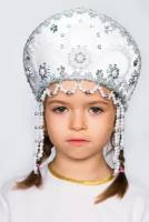 Кокошник русский народный традиционный "Алина", белый с серебром