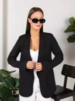 Пиджак женский удлиненный, стильный, деловой, весенний, летний, осенний, в офис, школу, на работу, блейзер, жакет, черный цвет, размер 44