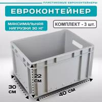 Евроконтейнер EC-4322 пластиковый с открытыми ручками 40х30х22 см, комплект 3 шт. Серый