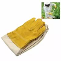 Перчатки кожаные XXL для пчеловода с нарукавниками Chinabees из натуральной кожи желтые / защита от укусов