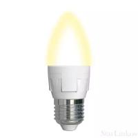 Светодиодная лампа Uniel LED-C37 7W/3000K/E27/FR/DIM PLP01WH диммируемая. Форма «свеча», матовая. Серия Яркая. Теплый белый свет (3000K). Картон. ТМ