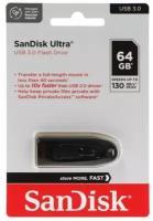 Флешка SanDisk Ultra, 64 Гб, USB 3.0, чт до 100 Мб/с, зап до 40 Мб/с, черная