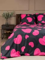 Постельное белье Amore Mio серии Макосатин 1,5 спальное, микрофибра, полисатин, комплект черный, розовый с рисунком сердце