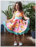 Платье для девочки нарядное бушон ST30, стиляги цвет розовый/желтый пояс бирюзовый, принт цветы (128-134)