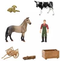 Фигурки животных серии "На ферме": Лошадь, овца, теленок, фермер, телега (набор из 7 предметов)