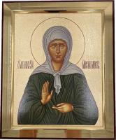 Икона Святая Матрона Московская, открытый лик, деревянная с патиной, шелкография, «золотой» декор, 18*21,5см