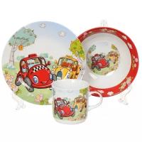 Набор детской посуды из керамики Daniks Гонки, 3 предмета (кружка 230 мл, тарелка 180 мм, салатник 150 мм)