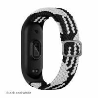 Плетёный ремешок из эластичной ткани для фитнес-браслета Xiaomi Mi Band 3 4 5 6 7 (Ксиоми Ми Бэнд 7) чёрный с белым