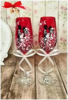 Свадебные бокалы "Нежность"в красном цвете с ручной росписью / фужеры для шампанского/бокалы молодоженов/бокалы на свадьбу/набор бокалов