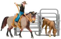 Игрушки фигурки в наборе серии "На ферме", 6 предметов: Американская лошадь и жеребенок, наездник, ограждение-загон, инвентарь