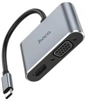 USB Хаб (HB30) c 1 Type-C на 1 USB 3.0+PD+VGA+HDTV, HOCO, металлический серый