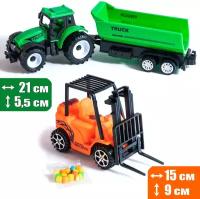 Набор машинок 2 шт: Трактор-тягач с прицепом самосвал (зеленый) и Погрузчик вилочный с конфетами (оранжевый)