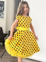 Платье для девочки нарядное бушон ST10, стиляги цвет желтый, желтый пояс, принт синий горошек (116-122)
