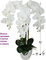 Искусственная Орхидея белая 3 ветки латекс 65см в кашпо от ФитоПарк