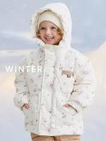 89080, Пуховик детский Happy Baby зимний, куртка детская утепленная, белый с цветами, рост 116-122