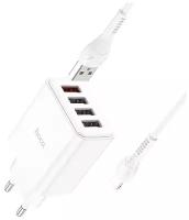 Сетевое зарядное устройство HOCO C102A Fuerza 4xUSB с Кабелем USB - Lightning, 2.1A, 10.5W, белый