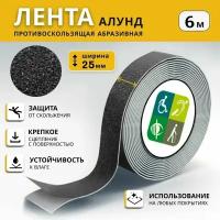 Противоскользящая лента алунд 25 мм х 6 м, черная, рулон 6 м, ретайл / Противоскользящее покрытие для ступеней, лестниц и пола