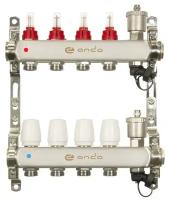 Коллекторная группа ONDO на 4 выхода с расходомерами и термостатическими клапанами в сборе с автоматическим воздухоотводчиком, нержавеющая сталь