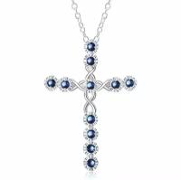 Крестик с камнями на цепочке в серебристом цвете с синими камнями скрученный, подвеска бижутерия
