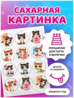 Сахарные картинки для торта на День рождения "Кошки, котята". Декор для торта / съедобная бумага А4