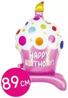 Воздушный ходячий шар фольгированный Falali фигурный, Кекс Happy Birthday/С Днем рождения, розовый, 89 см